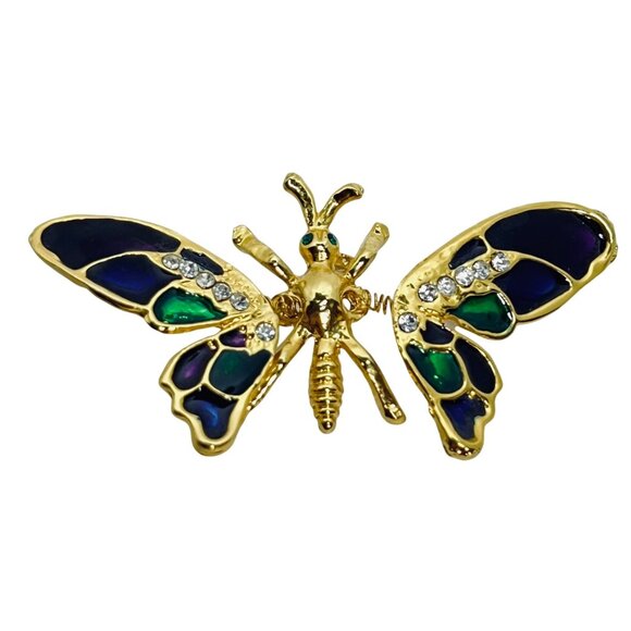 Gold Tone Rhinestone & Enamel Butterfly Brooch With Articulating Wings (5902) - Picture 1 of 6